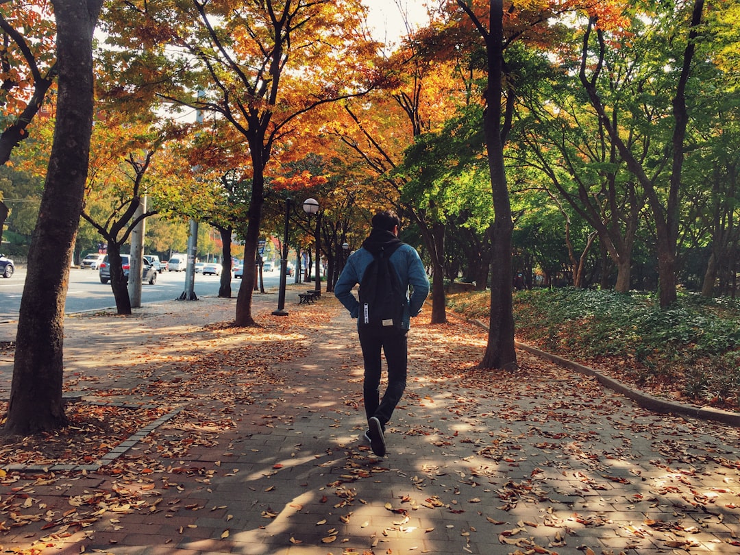 푸른 공원에서 조깅하며 건강한 생활 습관을 실천하는 사람의 모습.