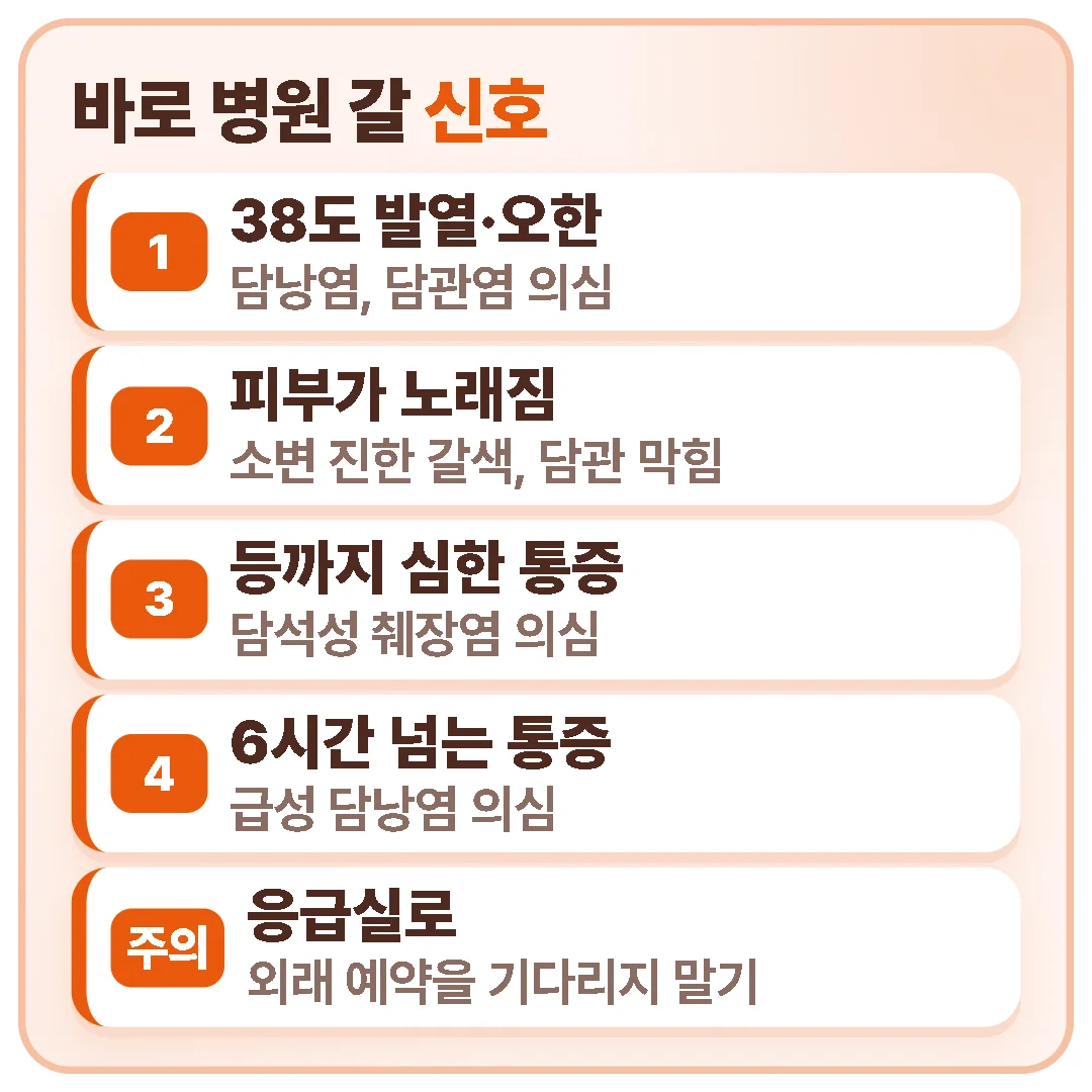 38도 이상 발열·오한, 황달과 진한 갈색 소변, 등까지 뚫는 듯한 통증, 6시간 넘는 통증은 외래 예약을 기다리지 말고 응급실로 가야 하는 신호입니다.